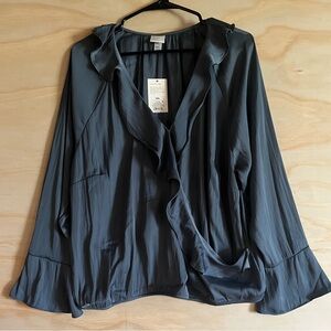 a New day Wrap Style Bell Sleeves Ruffle Front V Neck Blouse Dark Teal  Size XXL